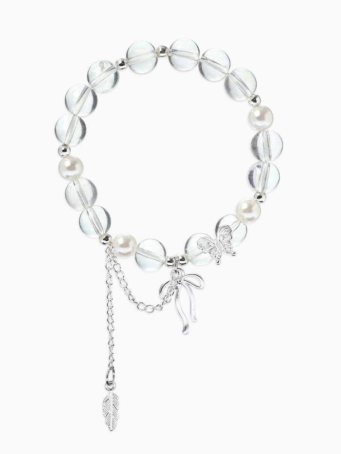 Браслет с подвесками «Сахарный. Перо и бант», d=6 см, шар №10/8, белый радужный в серебре