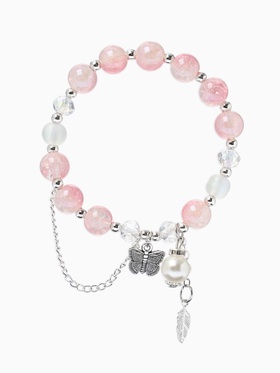 Браслет с подвесками «Сахарный. Бабочка и перо», d=6 см, шар № 10/8, розовый в серебре