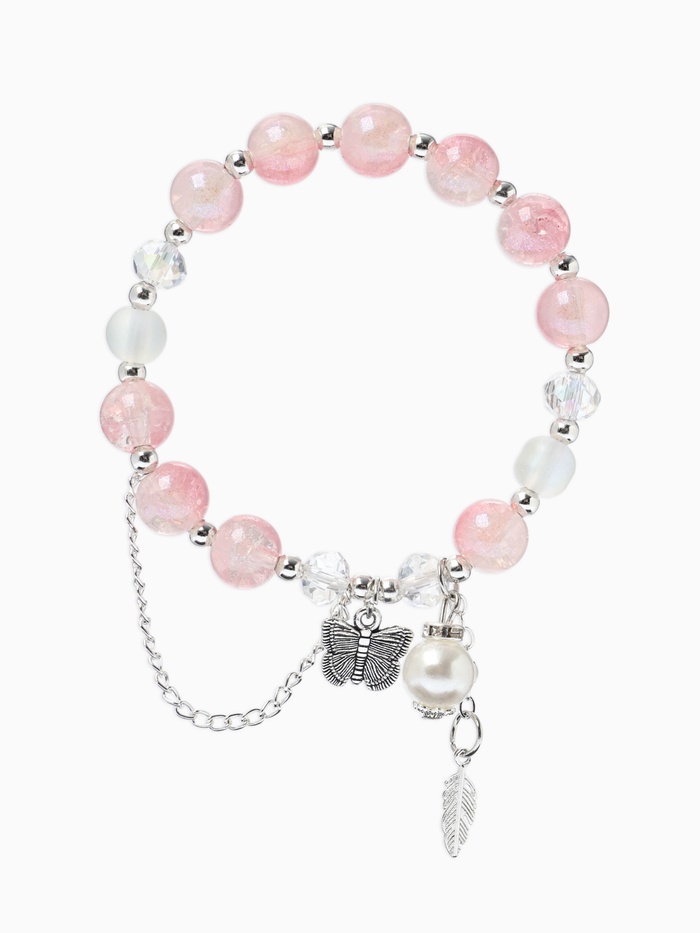Браслет с подвесками «Сахарный. Бабочка и перо», d=6 см, шар № 10/8, розовый в серебре