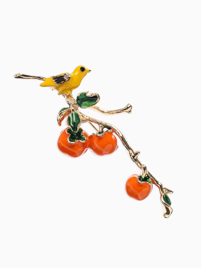 Брошь «Птица на ветке с хурмой», оранжевая в золоте