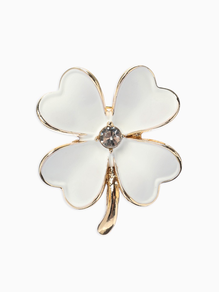 Брошь «Клевер» матовая, белая в золоте