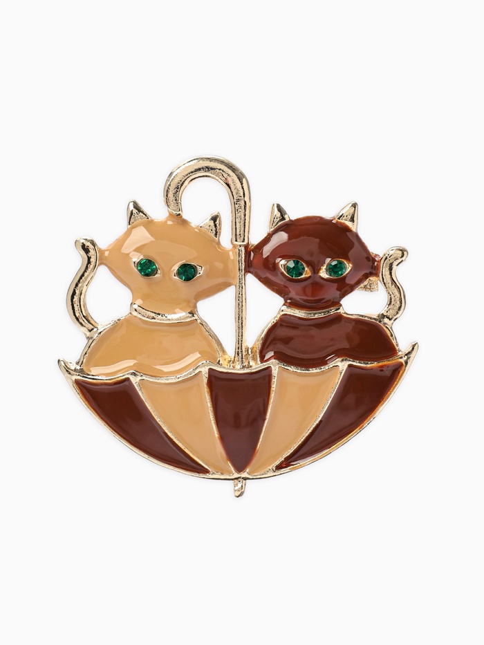 Брошь «Кошки в зонте», коричневая в золоте