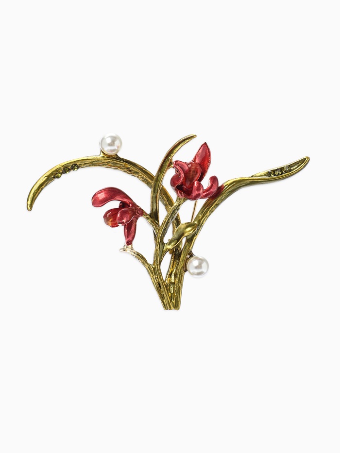 Брошь «Цветы Ирисы с жемчугом», красная, зелёная