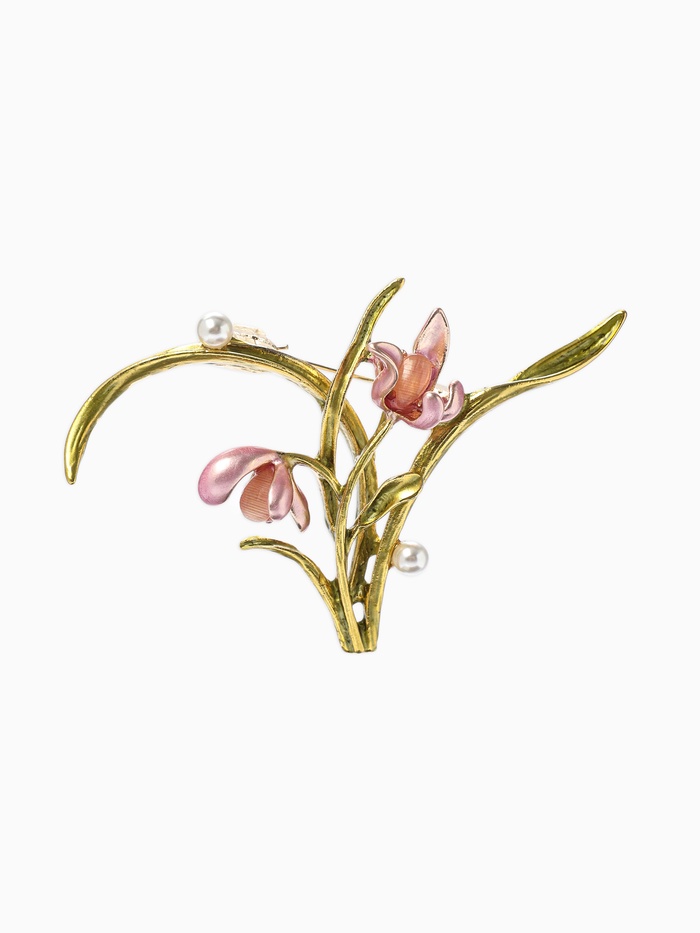 Брошь «Цветы Ирисы с жемчугом», красная, розовая