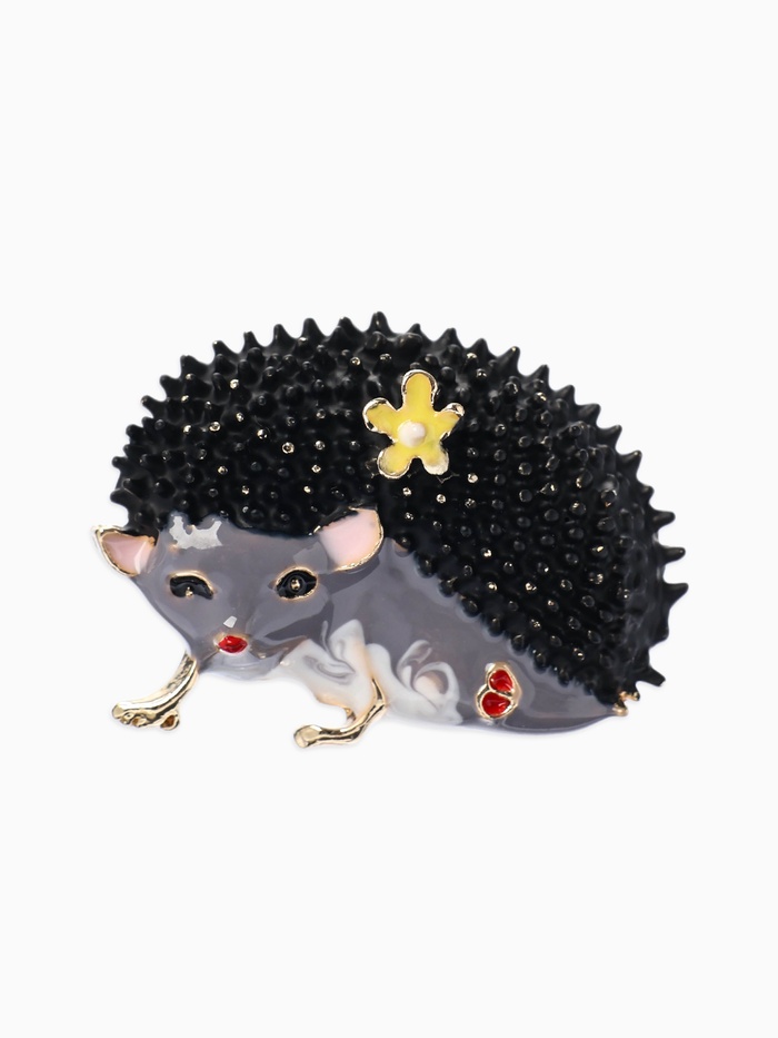 Брошь «Ежик с цветами», серая в золоте