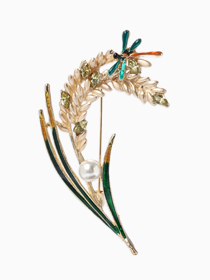 Брошь «Колосья пшеницы с жемчужиной», разноцветная в золоте