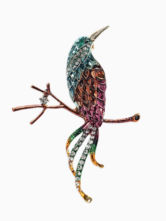 Брошь «Птица на ветке», разноцветная в золоте