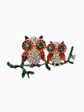 Брошь «Совы на ветке», разноцветная в золоте