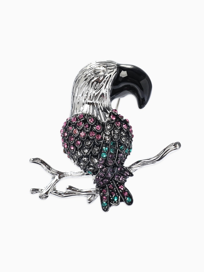 Брошь «Птица Какаду на ветке», разноцветная в серебре