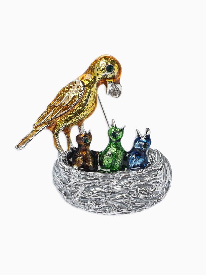 Брошь «Птица с птенцами в гнезде», разноцветная в серебре