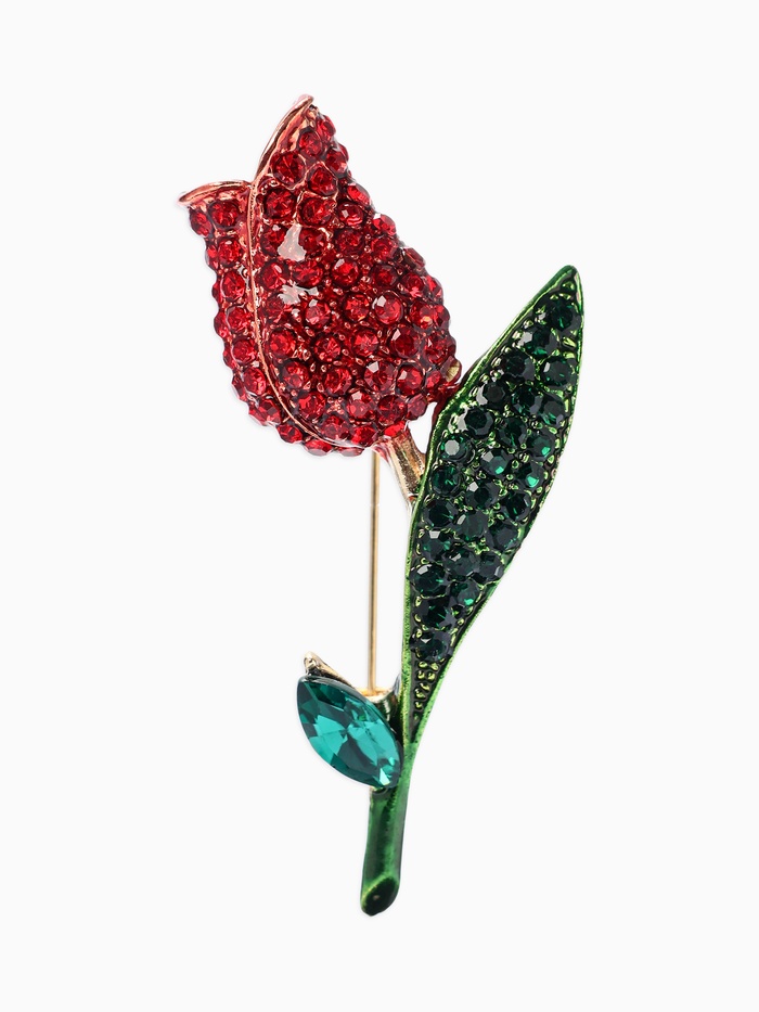 Брошь «Цветок» тюльпан, стразы, цвет красно-зелёный в золоте