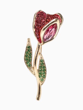 Брошь «Цветок Тюльпан», стразы, розовая, зелёная в золоте