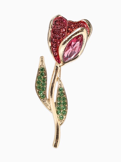 Брошь «Цветок Тюльпан», стразы, розовая, зелёная в золоте