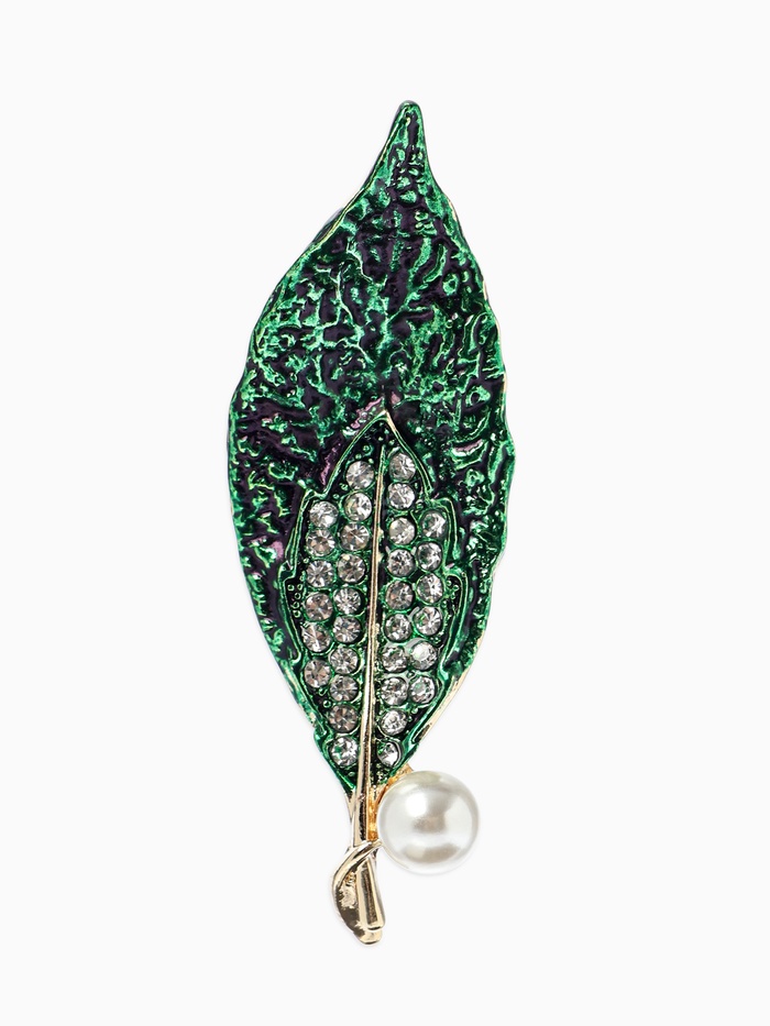 Брошь «Лист» жемчуг, стразы, цвет зелёный в золоте