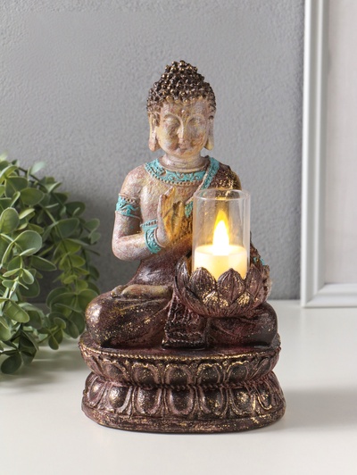 Фигура - подсвечник на 1 свечу «Будда с лотосом», с золотой патиной, 10×14.5×25 см