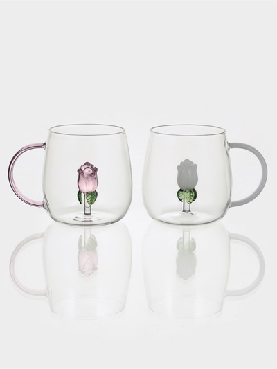 Набор кружек «Розочка», 400 мл, 2 шт., размер одной кружки 9×12.5×9 см, стекло, прозрачный