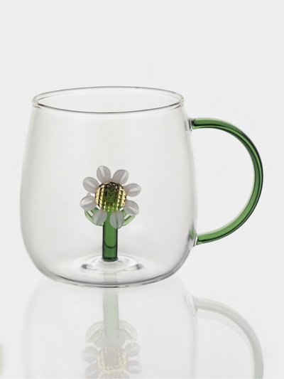 Кружка «Ромашка», 400 мл, 9×12.5×9 см, зелёная ручка, стекло, прозрачная