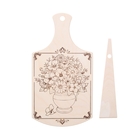 Доска разделочная деревянная "Береза", рисунок цветы, лопатка в подарок - Фото 1