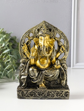 Фигурка полистоун «Ганеша на резном троне», золотая бронза, 4×11.7×17.3 см  (артикул 10964516)  большой выбор товаров оптом и в розницу по низким ценам с доставкой