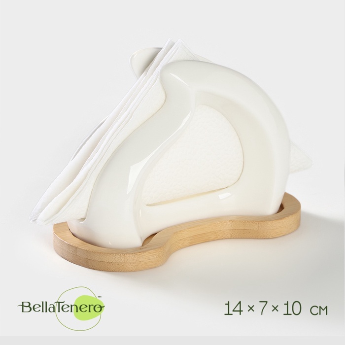 УЦЕНКА Салфетница керамическая на подставке из бамбука BellaTenero, 14*7*10 см. - Фото 1