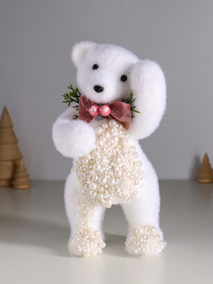 УЦЕНКА Декор "Белый мишка с бантиком в бусинках" 20,5х10х9 см - Фото 1