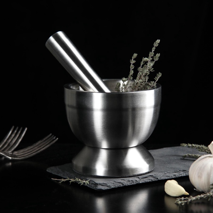 УЦЕНКА Ступка с толкушкой Доляна Steel, d=10 см, нержавеющая сталь, серебристая - Фото 1