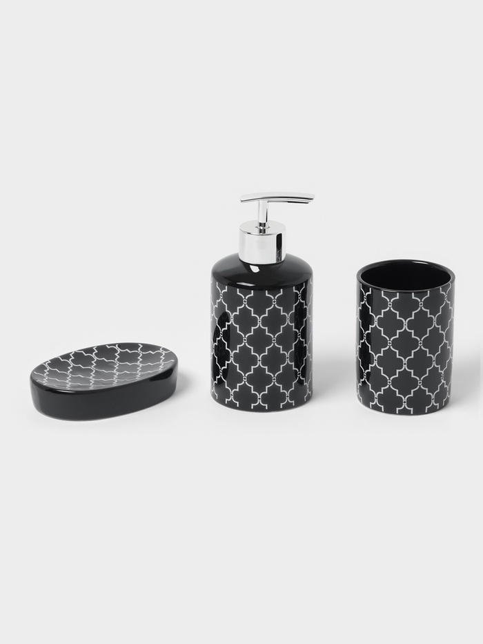 УЦЕНКА Набор аксессуаров для ванной Доляна «Марокко», 3 предмета: мыльница, дозатор для мыла, стакан, чёрный - Фото 1