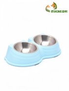 Миска двойная «Кисы», 28×16.3×7.3 см, на пластиковом основании, металл, голубая - фото 809616652