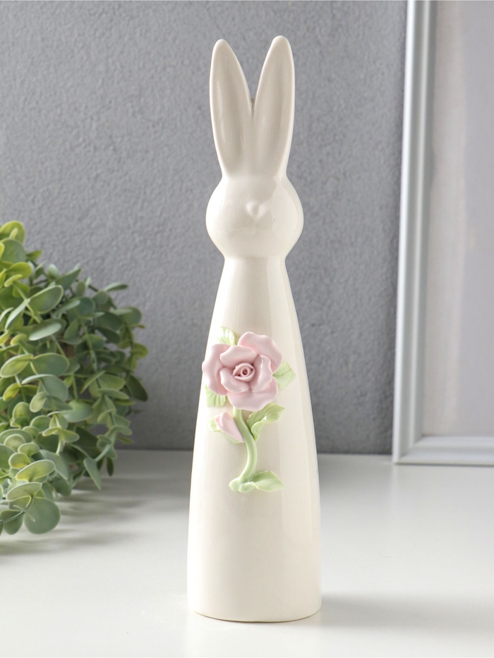 Фигура керамика «Белый зайчик с розовой розой», 6×5×25.5 см