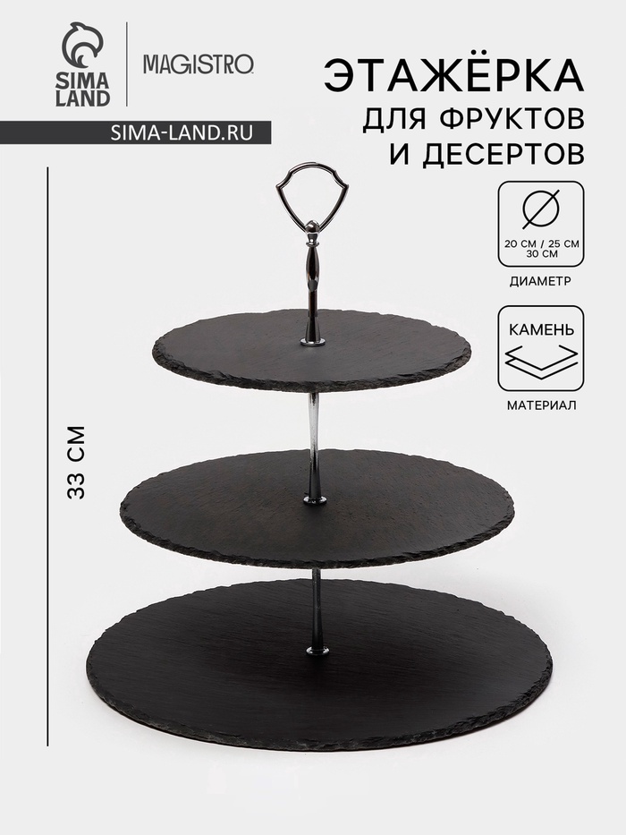 УЦЕНКА Этажёрка для фруктов и десертов Magistro Valley, 3 яруса, d=30/25/20×33 см, сланец, чёрная - Фото 1