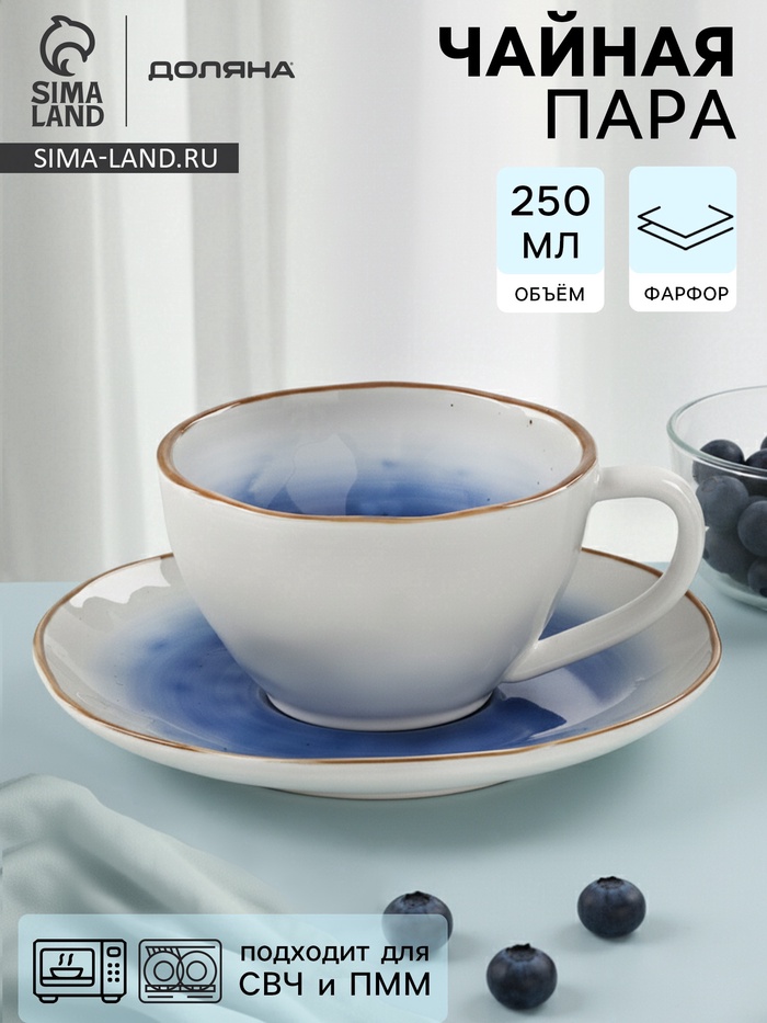 УЦЕНКА Чайная пара Доляна «Космос», чашка 250 мл, блюдце d=16 см, фарфор, белая, синяя - Фото 1