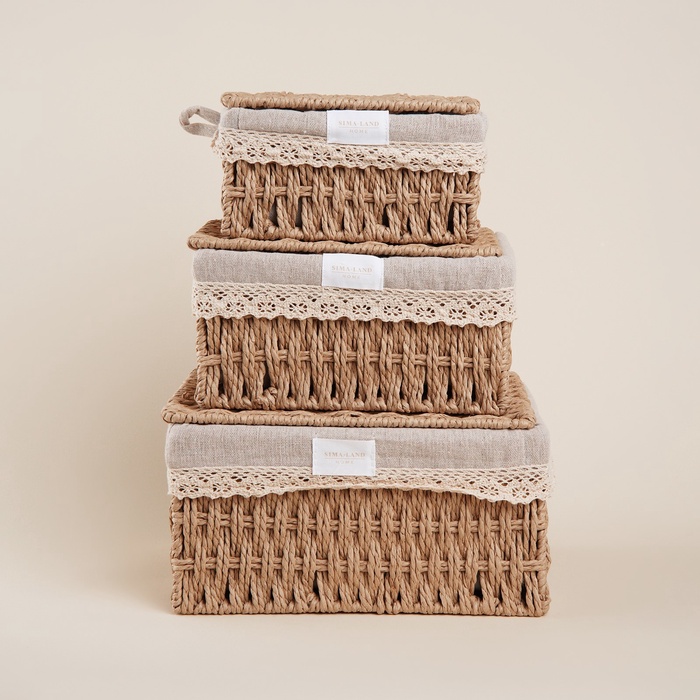 УЦЕНКА Набор корзин для хранения ручного плетения с крышкой, бумага, 3 шт.: от 18×12×8 до 26×2 - Фото 1