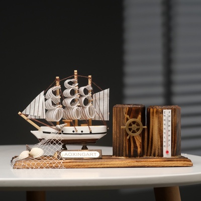 УЦЕНКА Набор настольный «Корабль» с двумя карандашницами и термометром 25×8×16 см