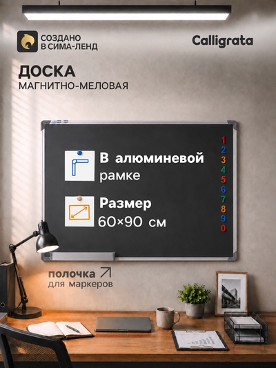 Доска магнитно-меловая Calligrata 60×90 см, с полочкой, в алюминиевой рамке