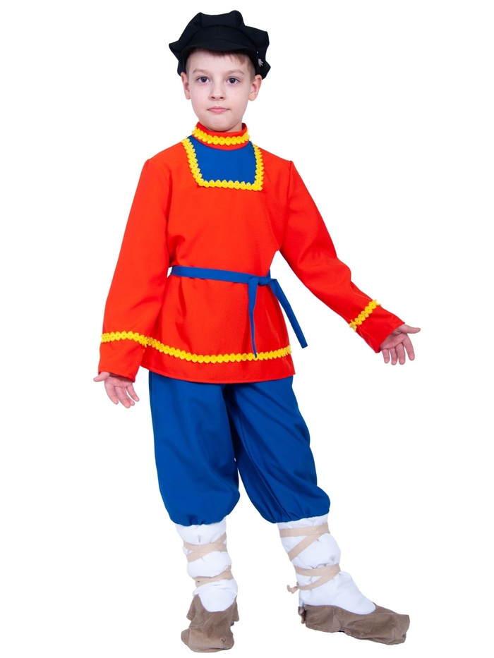 Костюм народный для мальчика Иванушка в лаптях, рубаха, штаны, картуз, лапти р-р. 116