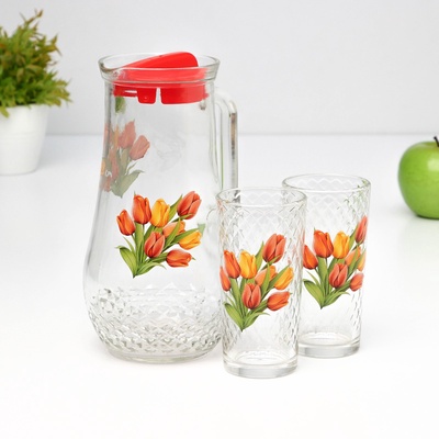 УЦЕНКА Набор питьевой «Букеты» кувшин 1.7 л. и 2 стакана 230 мл.