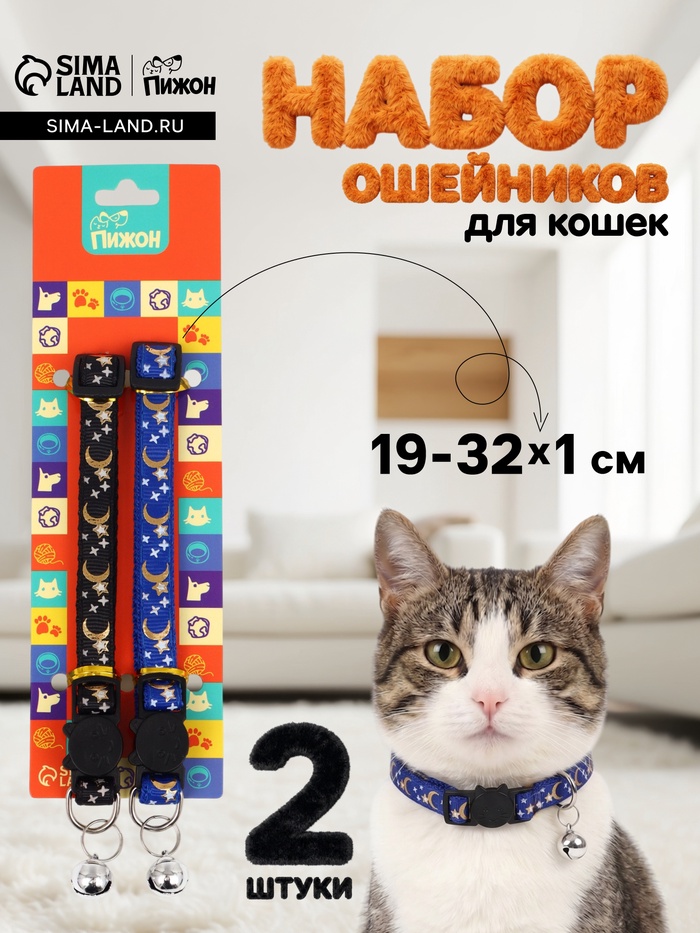 Набор ошейников для кошек «Пижон. Ночь», 19-32×1 см, 2 шт. - Фото 1
