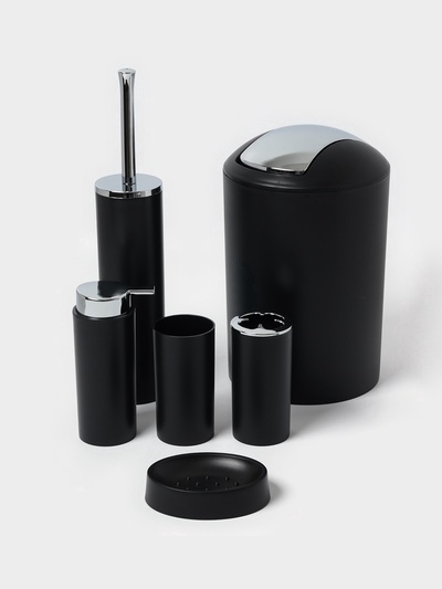 УЦЕНКА Набор для ванной «Сильва» 6 пред.(мыльница. дозатор, 2 стакана, ерш, ведро), цвет черный 4098