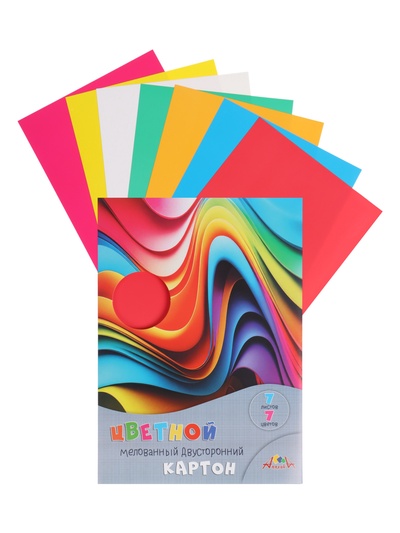 Картон цветн А4 7л 7цв "Яркие волны", мелов, 2-ст, в папке