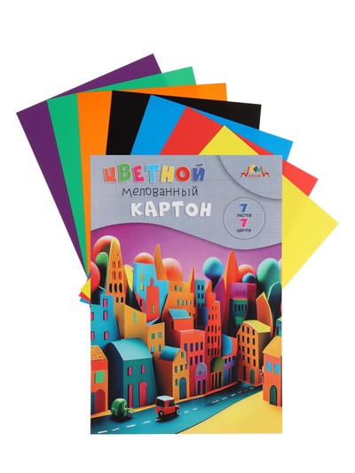 Картон цветной А4 7 листов, 7 цветов «Яркие домики», мелованный, двухсторонний, в папке
