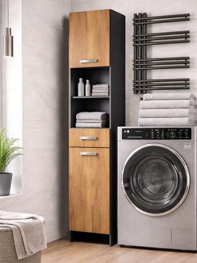 Шкаф - пенал для ванной комнаты «Пронто», 330×330×1850 мм, цвет графит/дуб золотой