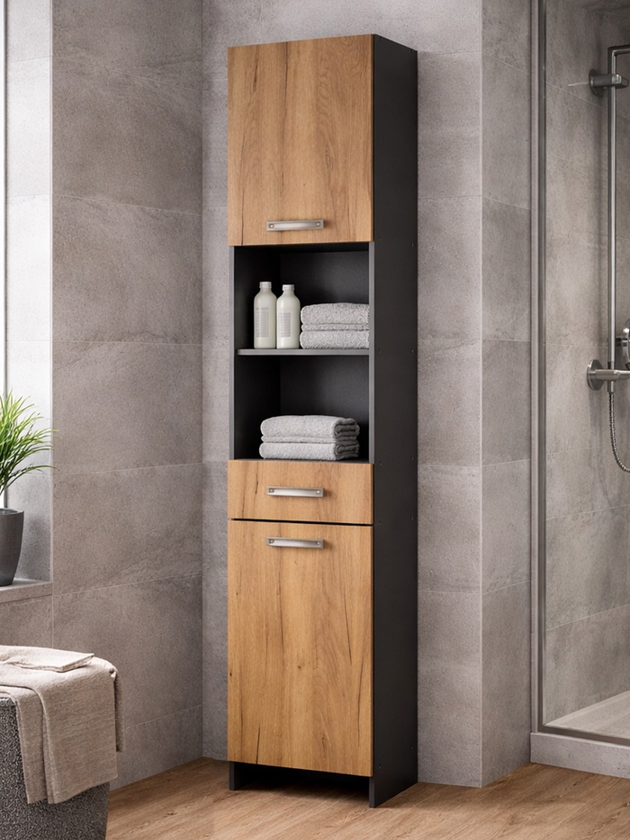 Шкаф - пенал для ванной комнаты «Пронто», 400×330×1850 мм, цвет графит/дуб золотой