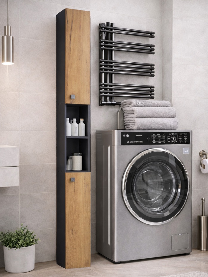 Шкаф – пенал узкий для ванной комнаты «Пронто», 2000×200×200 мм, цвет графит/дуб золотой