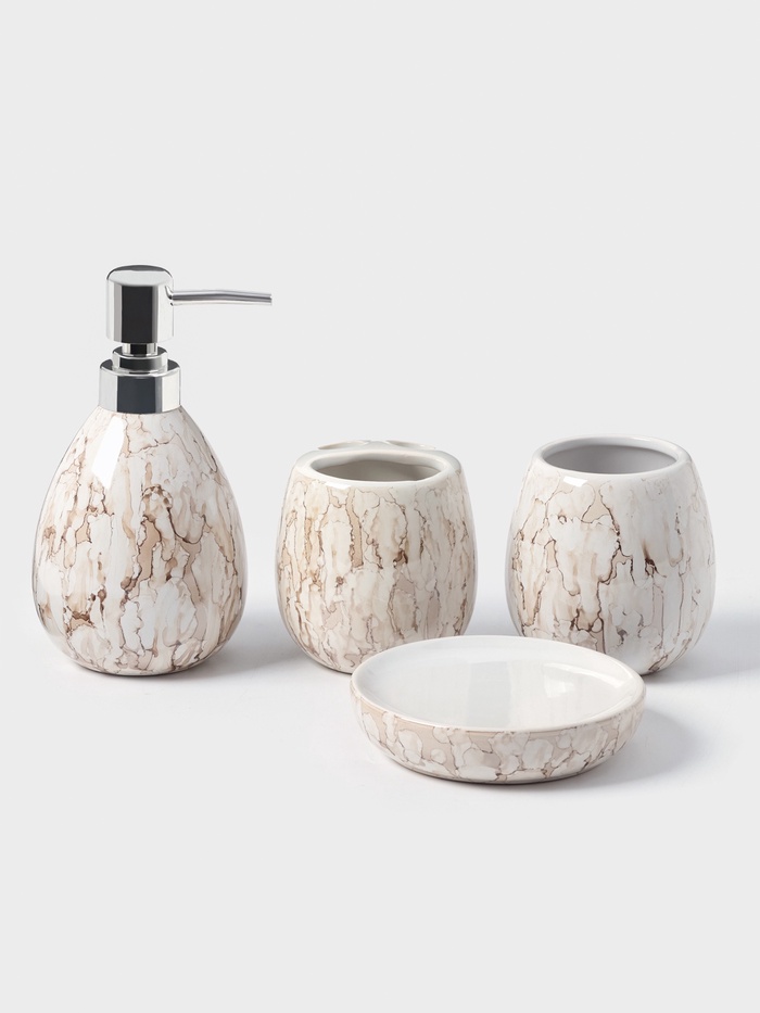 УЦЕНКА Набор для ванной Pearl, 4 предмета, мыльница, дозатор для мыла 360 мл, 2 стакана, белый - Фото 1