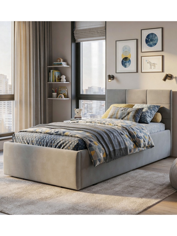 Кровать односпальная, спальное место 900×2000 мм, велюр, цвет серый - Фото 1