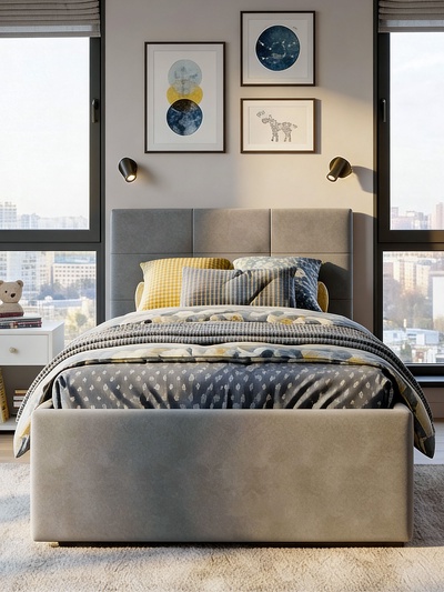 Кровать односпальная, спальное место 900×2000 мм, велюр, цвет серый