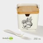 УЦЕНКА Банка для сыпучих продуктов «Эстет. Овощи», 250 мл, 9.5×9.5×9 см, с бамбуковой крышкой, с ложкой, фарфоровая, белая - Фото 1