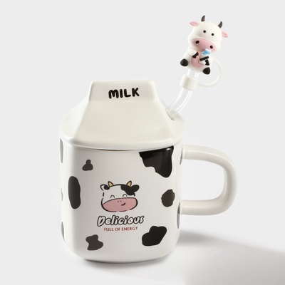 УЦЕНКА Кружка с керамической крышкой и трубочкой «Milk» 350 мл, 12.5×8.5×12.5 см