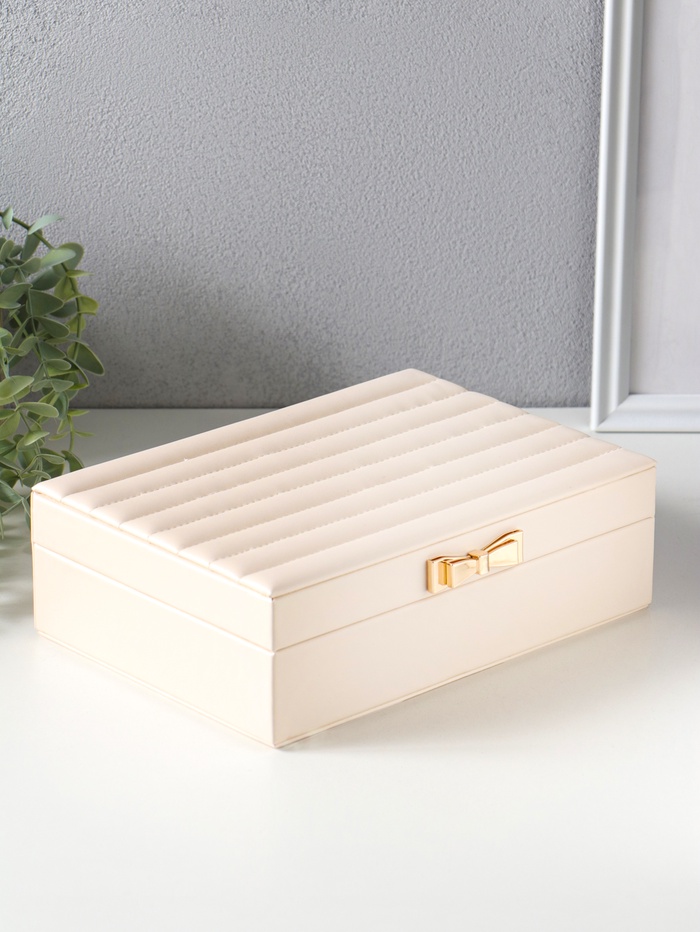 Шкатулка для украшений «Стёганная. Полоски. Бант», молочный, кожзам, 17×24×7 см