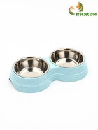 Миска металлическая двойная на пластиковом основании, 24 х 13 х 4,5 см, голубая - фото 809618321
